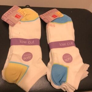 Two 3pk Hanes Ladies Low Cut Socks White with Yellow and Blue Accents. Size 8-12